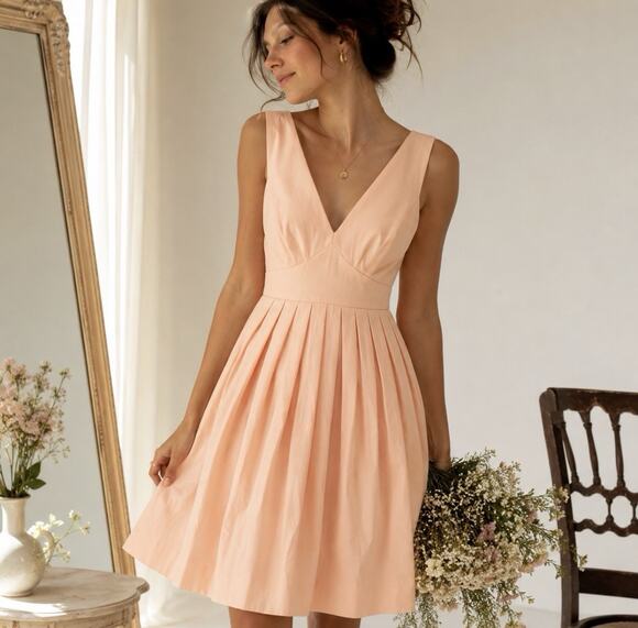 J. Crew Dresses & Skirts - J.Crew Blk Label Pink Viscose Ctn Fit & Flare V-Neck Pleated Empire Wst Dress 6P